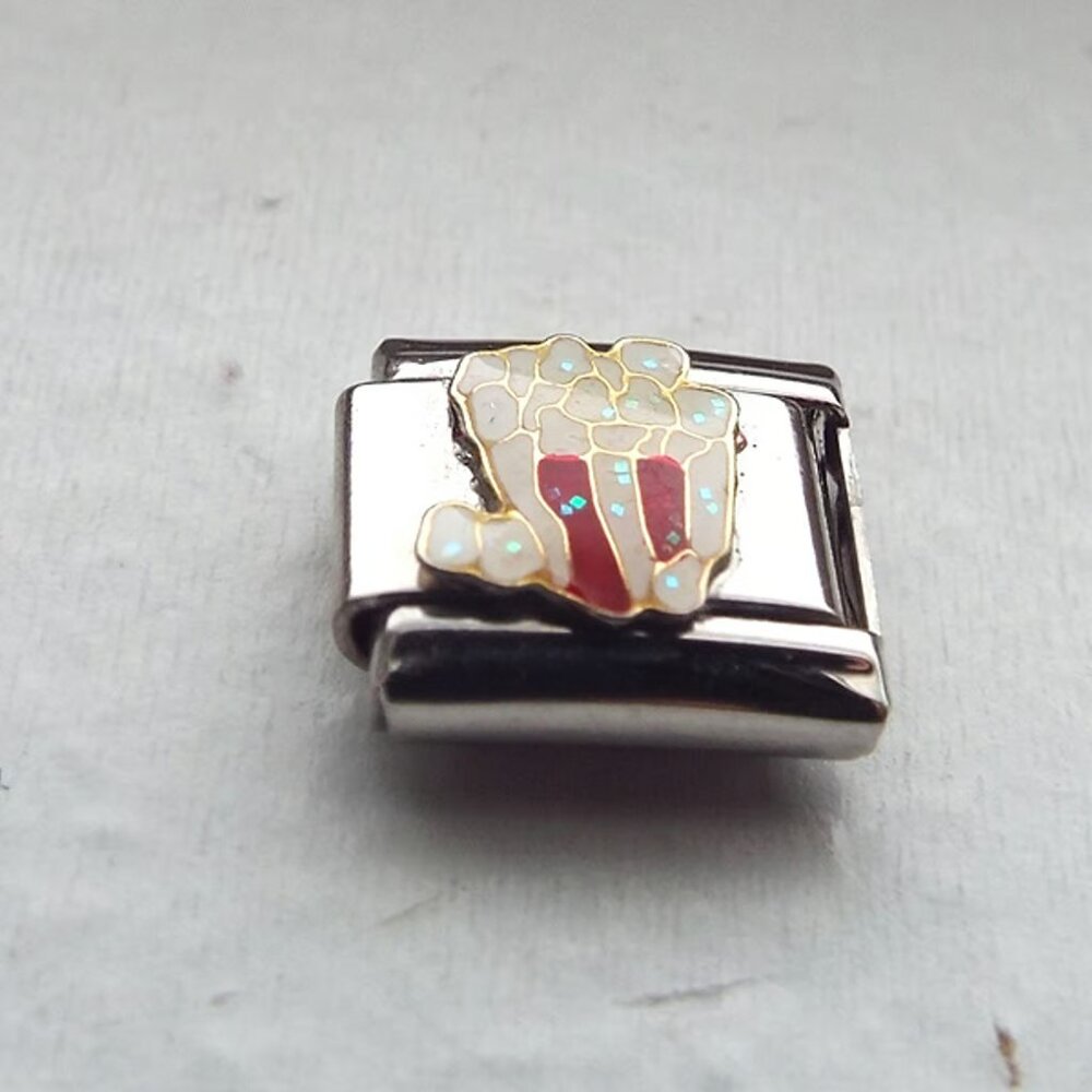 Enamel bag of popcorn 9mm stainless steel Italian charm bracelet link new